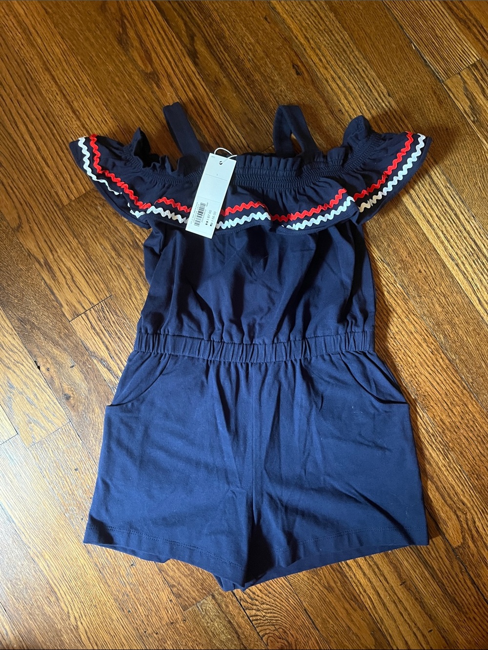Janie and Jack Girls' Navy Off-Shoulder Romper with Red & White Trim